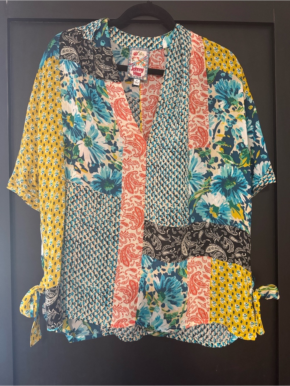 Johnny Was Paisley Ravenne Multicolor Patchwork Floral Short Sleeve Top Medium